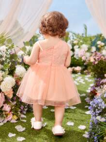 嬰兒前蝴蝶結不對稱領網紗覆蓋派對禮服 - 珊瑚粉 - 查看 2