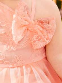 嬰兒前蝴蝶結不對稱領網紗覆蓋派對禮服 - 珊瑚粉 - 查看 3