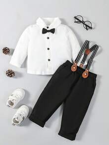 嬰兒前蝴蝶結襯衫和背帶褲 - 黑與白 - 查看 5