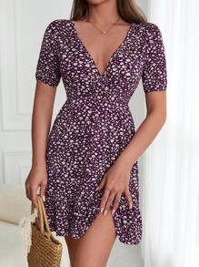 EURMUSE Vestido con estampado floral bajo con fruncido - Morado - Ver 1