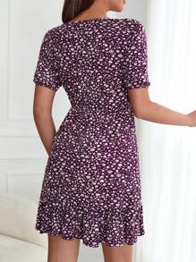EURMUSE Vestido con estampado floral bajo con fruncido - Morado - Ver 2