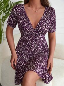 EURMUSE Vestido con estampado floral bajo con fruncido - Morado - Ver 3