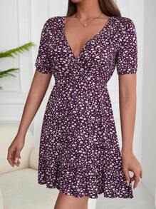 EURMUSE Vestido con estampado floral bajo con fruncido - Morado - Ver 5