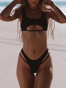 Sexy Solid Color Backless Bikini Swimsuit 2 Pieces Set, Smaller Size Summer Outfits For Beach