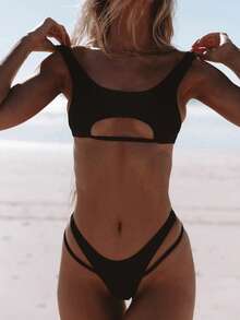 Sexy Solid Color Backless Bikini Swimsuit 2 Pieces Set, Smaller Size Summer Outfits For Beach