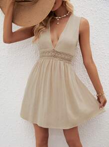 SHEIN VCAY Guipure Lace Insert Plunging Neck Dress