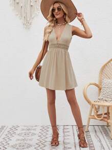 SHEIN VCAY Guipure Lace Insert Plunging Neck Dress