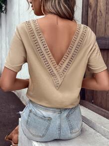 SHEIN VCAY Guipure Lace Panel V Neck Tee - Apricot - View 3