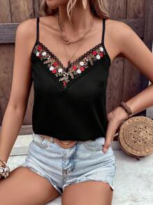 SHEIN VCAY 花卉刺繡蕾絲拼接吊帶上衣 - 黑色 - 查看 1