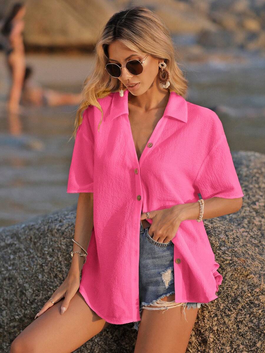 SHEIN VCAY Solid Drop Shoulder Button Front Shirt - Hot Pink - View 1