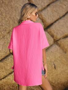 SHEIN VCAY Solid Drop Shoulder Button Front Shirt - Hot Pink - View 2