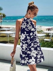 SHEIN VCAY Floral Print Halter Neck Dress - Navy Blue - View 1