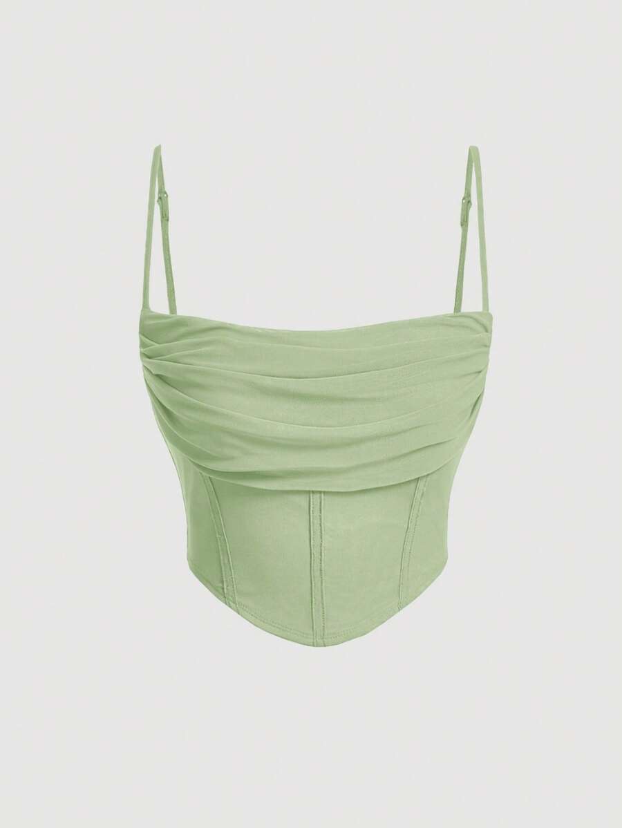SHEIN MOD Solid Ruched Mesh Cami Green Bra Cup Gathered Square Scarf Hem Top