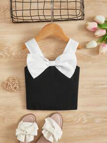 SHEIN Áo ba lỗ & áo hai dây cho bé gái mới biết đi Nơ bướm lớn Khối Màu Dễ thương - Đen và trắng - Xem 1