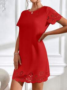 SHEIN Clasi Vestido cortado láser ribete en abanico - Rojo - Ver 4
