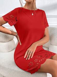 SHEIN Clasi Vestido cortado láser ribete en abanico - Rojo - Ver 6