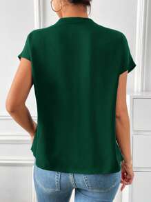 SHEIN Privé 豹纹缺口领蝙蝠袖衬衫，短袖上衣 - 墨綠色 - 查看 2