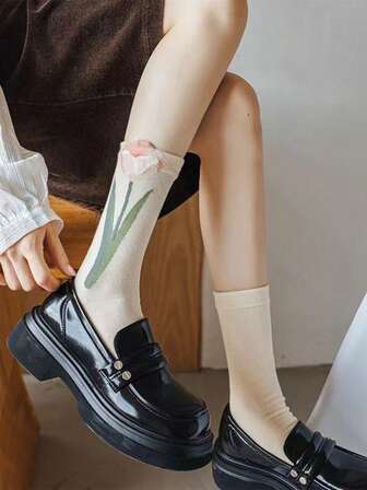 4雙女士鬱金香和花朵圖案可愛中筒襪適用於裝飾用品