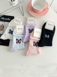 Mujer 5 pares Calcetines de tripulación con bordado de mariposa de moda para diariamente - Multicolor - Ver 2