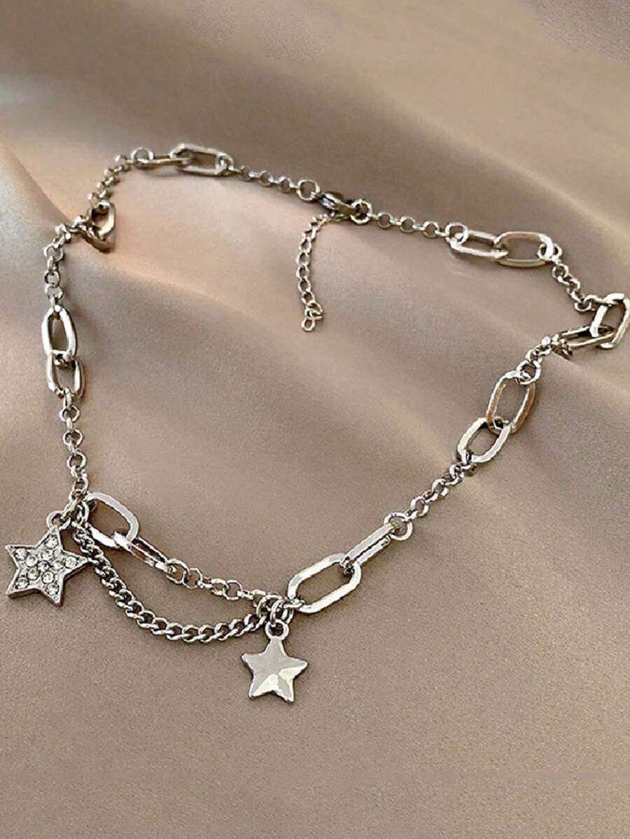 Men's 1pc Hip Hop Vintage Five-Pointed Star & Rhinestone Chain Collarbone Necklace, For Jewelry Gift And Party