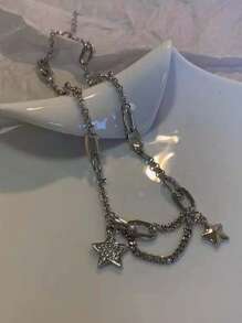 Men's 1pc Hip Hop Vintage Five-Pointed Star & Rhinestone Chain Collarbone Necklace, For Jewelry Gift And Party