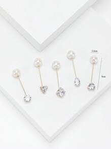 1 Set Of 5pcs Copper & Cubic Zirconia Brooch Pin Set - White - View 4