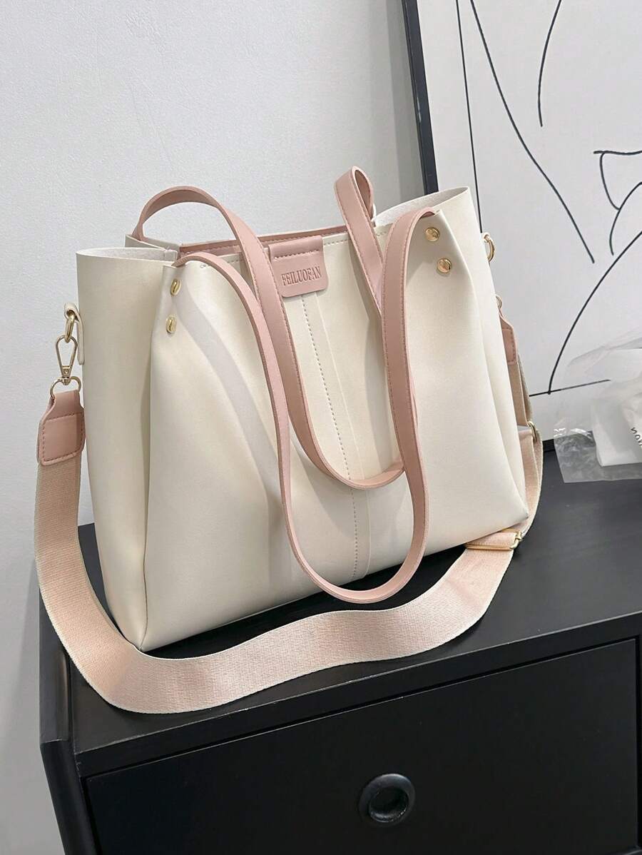 Túi tote đeo vai cỡ nhỏ Letter Patch Decor Trang trí đính đá - Màu be - Xem 1