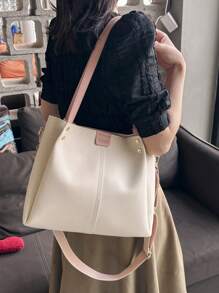 Túi tote đeo vai cỡ nhỏ Letter Patch Decor Trang trí đính đá - Màu be - Xem 2