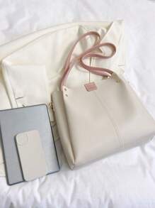 Túi tote đeo vai cỡ nhỏ Letter Patch Decor Trang trí đính đá - Màu be - Xem 4