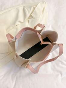 Túi tote đeo vai cỡ nhỏ Letter Patch Decor Trang trí đính đá - Màu be - Xem 5