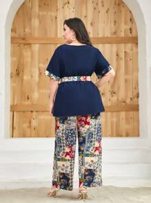 Mulvari 大碼印花腰帶襯衫和闊腿褲 - 藏蓝色 - 查看 2