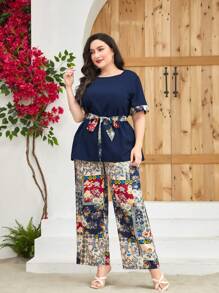 Mulvari 大碼印花腰帶襯衫和闊腿褲 - 藏蓝色 - 查看 3