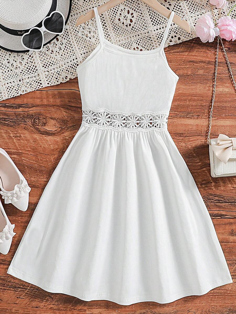 SHEIN 女童针织吊带连衣裙，腰部系带拼接设计，优雅 - 白色 - 查看 1