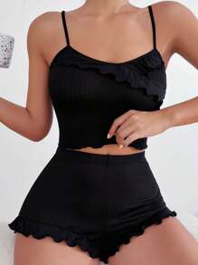 荷葉邊吊帶背心和短褲休閒套裝 - 黑色 - 查看 1