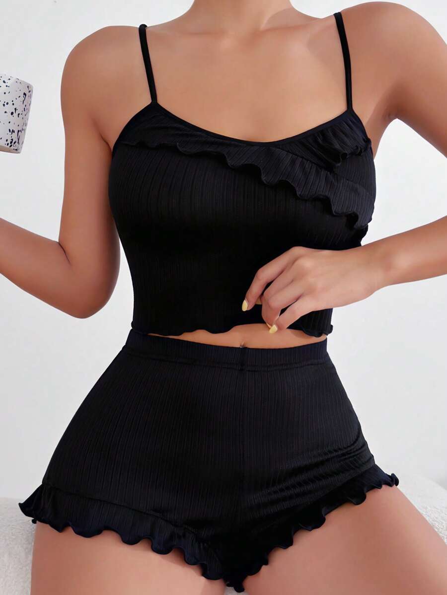 荷葉邊吊帶背心和短褲休閒套裝 - 黑色 - 查看 1