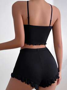 荷葉邊吊帶背心和短褲休閒套裝 - 黑色 - 查看 2