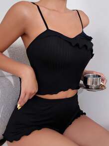 荷葉邊吊帶背心和短褲休閒套裝 - 黑色 - 查看 4