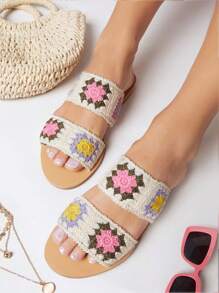 抽象圖案一腳蹬平底涼鞋 - 米色 - 查看 1