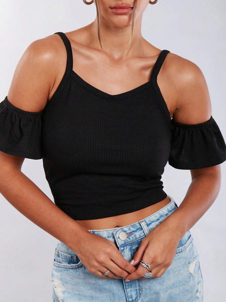SHE(IN) BRASIL Cold Shoulder Crop Top - Black - View 1