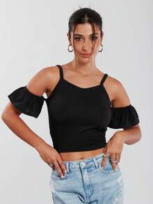 SHE(IN) BRASIL Cold Shoulder Crop Top - Black - View 3