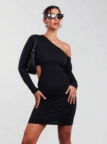 SHE(IN) BRASIL 不對稱領腰部鏤空緊身洋裝 - 黑色 - 查看 5