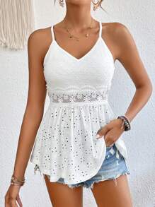 SHEIN Frenchy 蕾絲拼接荷葉擺吊帶上衣 - 白色 - 查看 3