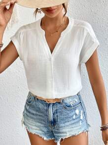 SHEIN Frenchy 素色缺口領蝙蝠袖襯衫 - 白色 - 查看 4