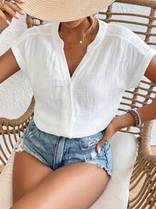 SHEIN Frenchy 素色缺口領蝙蝠袖襯衫 - 白色 - 查看 9