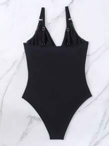 SHEIN Swim Tropical Print Twist Front Ruched One Piece Swimsuit - Black - View 2