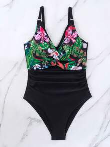 SHEIN Swim Tropical Print Twist Front Ruched One Piece Swimsuit - Black - View 3