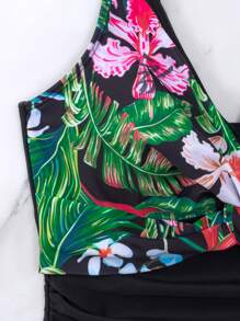 SHEIN Swim Tropical Print Twist Front Ruched One Piece Swimsuit - Black - View 4