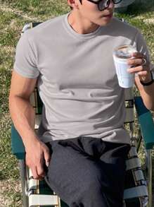 DAZY Men Cotton Solid Round Neck Plain T Shirt,Back To School Clothes - Light Grey - View 3