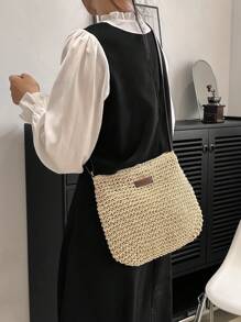 卡其色草編包極簡可調整肩帶適用於度假 - 米色 - 查看 2
