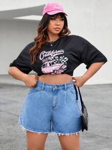 SHEIN EZwear Plus Raw Hem Denim Shorts - Light Wash - View 6